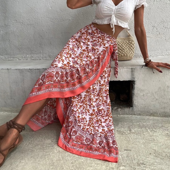 Boho Blue Floral Print Ruffle Wrap maxi Skirt - Picture 4 of 10